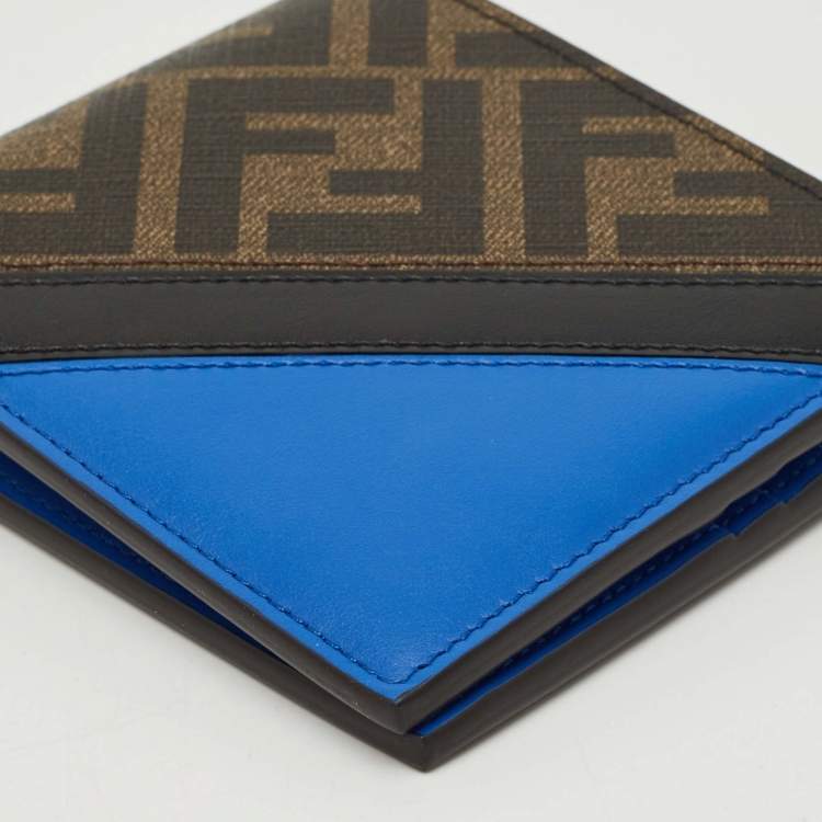 Pre Owned Fendi Tobacco/Blue Zucca and Leather Bifold Wallet