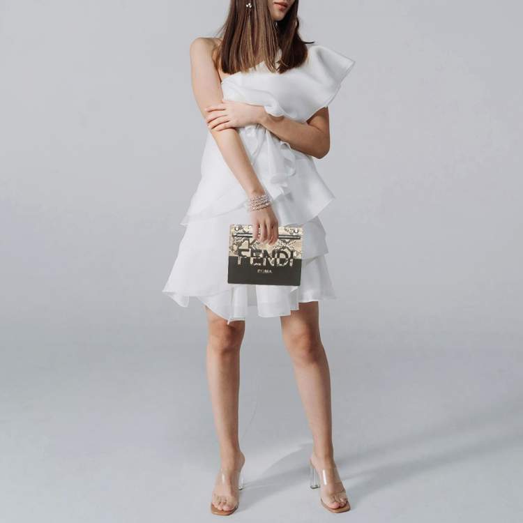 Pre Owned Fendi Logo Brown/Beige Leather and Python Flat Pouch