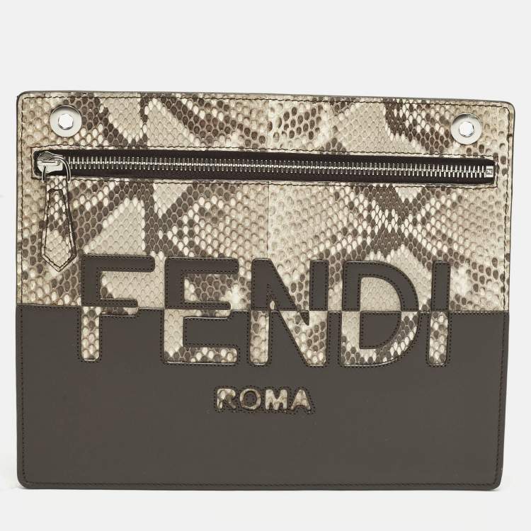 Pre Owned Fendi Logo Brown/Beige Leather and Python Flat Pouch