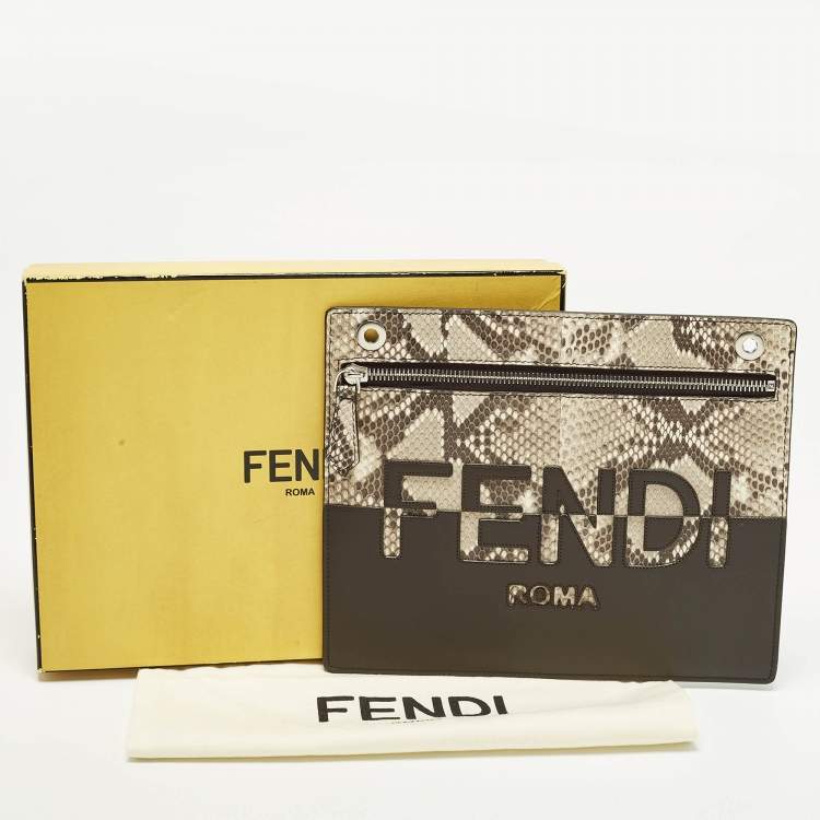 Pre Owned Fendi Logo Brown/Beige Leather and Python Flat Pouch