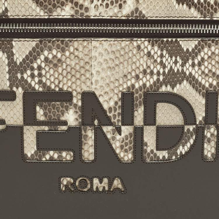 Pre Owned Fendi Logo Brown/Beige Leather and Python Flat Pouch