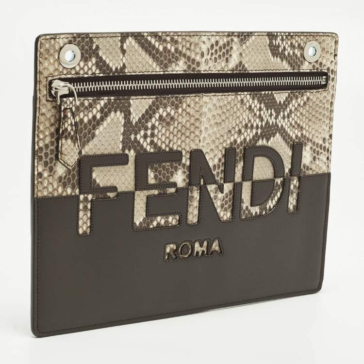 Pre Owned Fendi Logo Brown/Beige Leather and Python Flat Pouch