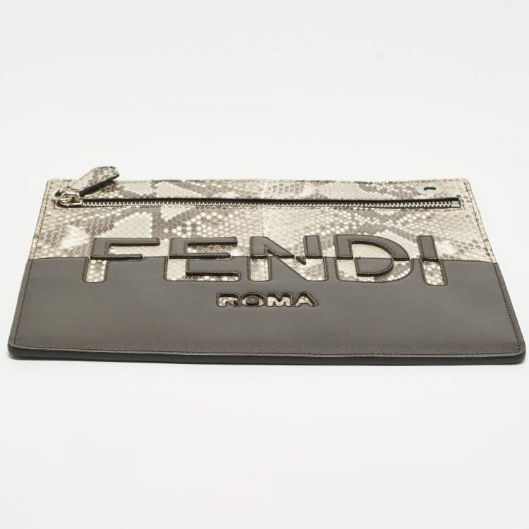 Pre Owned Fendi Logo Brown/Beige Leather and Python Flat Pouch
