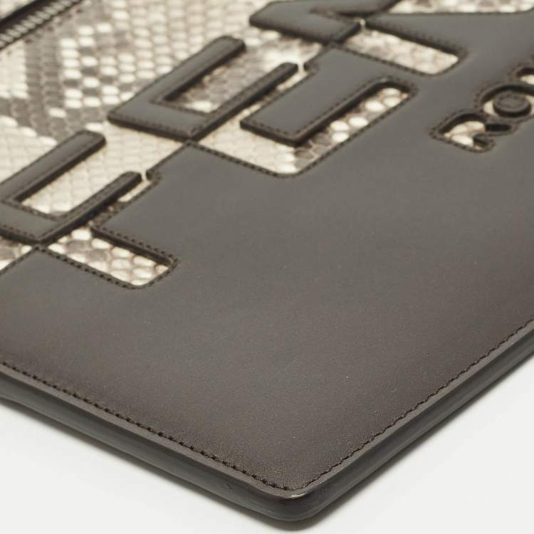Pre Owned Fendi Logo Brown/Beige Leather and Python Flat Pouch