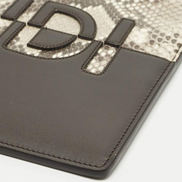 Pre Owned Fendi Logo Brown/Beige Leather and Python Flat Pouch