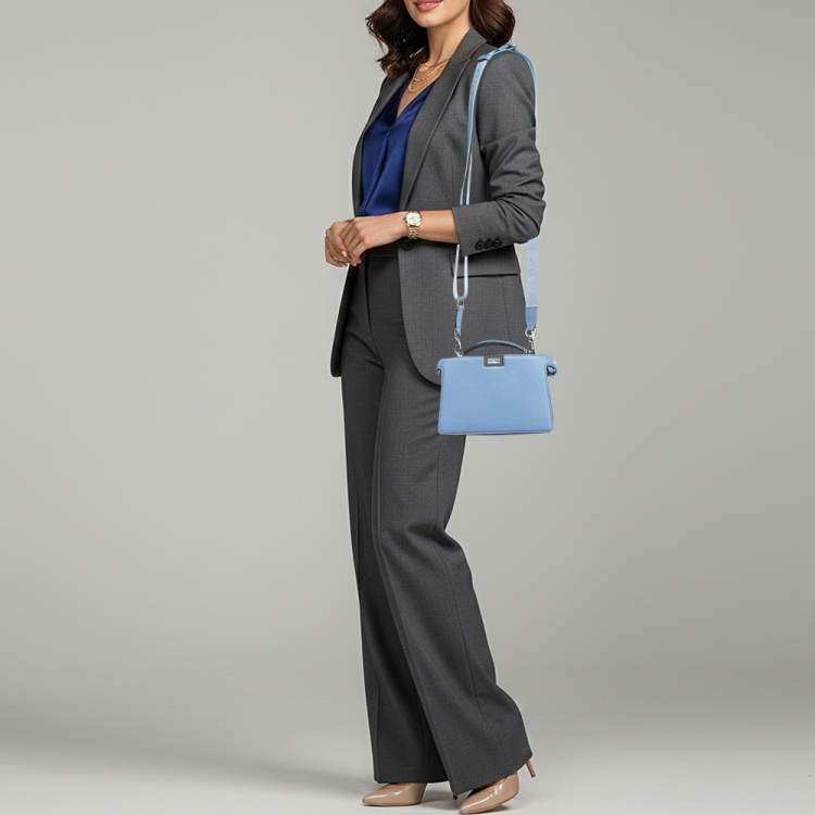 Pre Owned Fendi Peekaboo ISeeU X-Cross Light Blue Leather Top Handle Bag