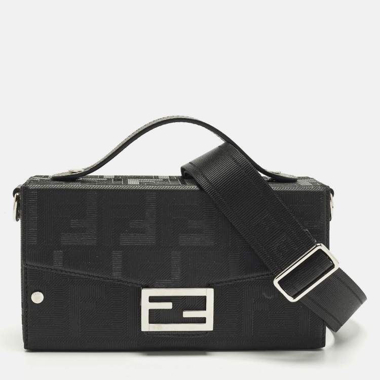 Pre Owned Fendi Soft Trunk Baguette Black FF Embossed Leather Bag
