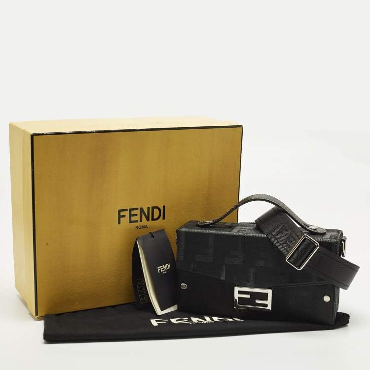 Pre Owned Fendi Soft Trunk Baguette Black FF Embossed Leather Bag