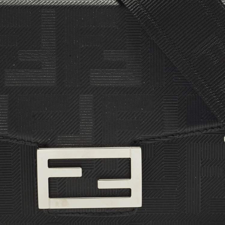 Pre Owned Fendi Soft Trunk Baguette Black FF Embossed Leather Bag