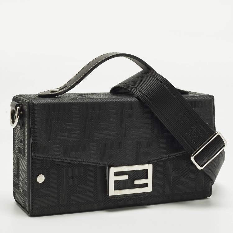Pre Owned Fendi Soft Trunk Baguette Black FF Embossed Leather Bag