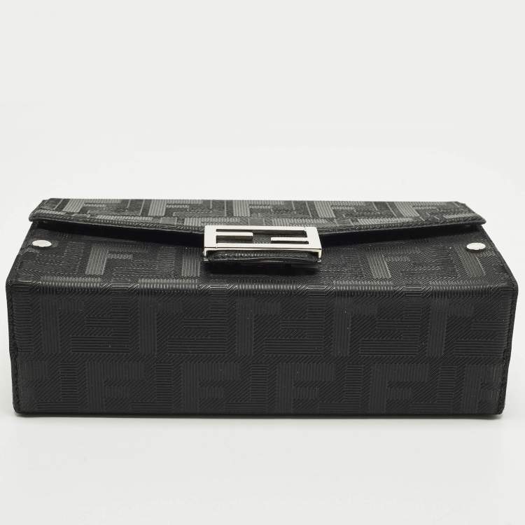 Pre Owned Fendi Soft Trunk Baguette Black FF Embossed Leather Bag