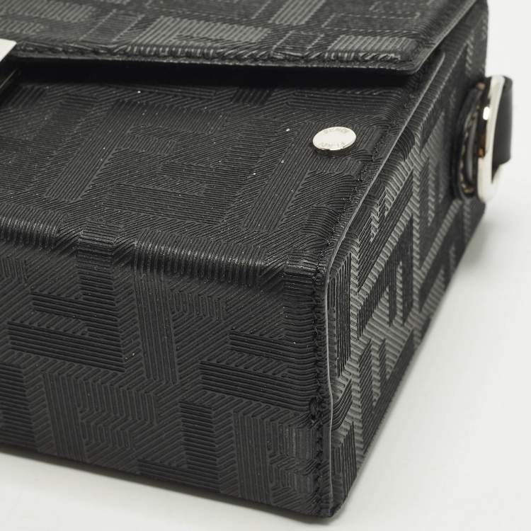 Pre Owned Fendi Soft Trunk Baguette Black FF Embossed Leather Bag