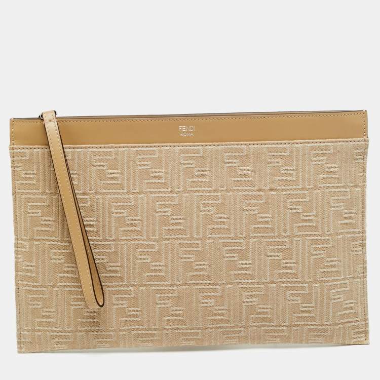 مملوكة مسبقًا Fendi Medium Beige FF Jacquard Canvas Flat Pouch