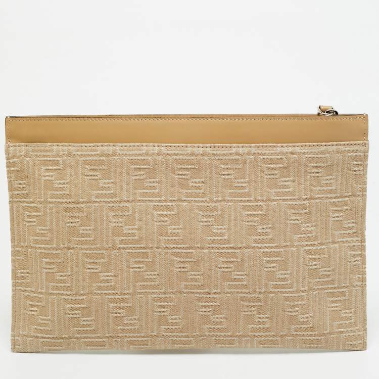 مملوكة مسبقًا Fendi Medium Beige FF Jacquard Canvas Flat Pouch
