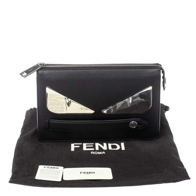 Pre Owned Fendi Black Leather and Metal Bag Bugs Eyes Clutch