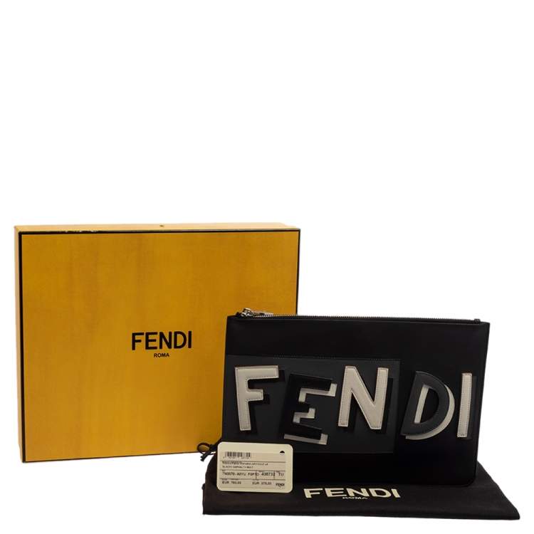Pre Owned Fendi Black Leather Vocabulary 3D Logo Zip Pouch