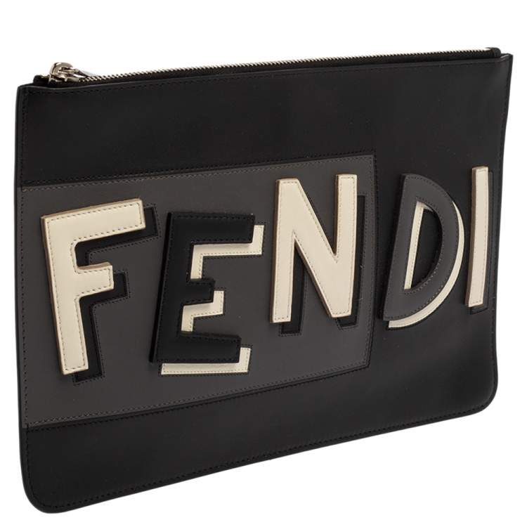 Pre Owned Fendi Black Leather Vocabulary 3D Logo Zip Pouch