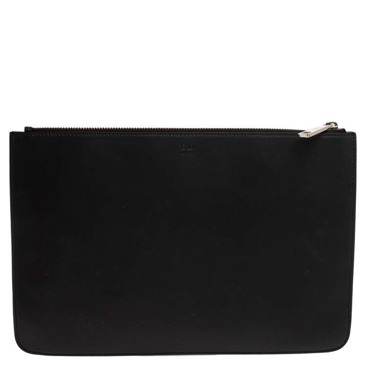 Pre Owned Fendi Black Leather Vocabulary 3D Logo Zip Pouch