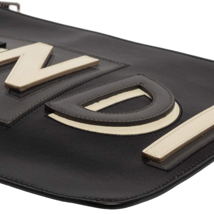 Pre Owned Fendi Black Leather Vocabulary 3D Logo Zip Pouch