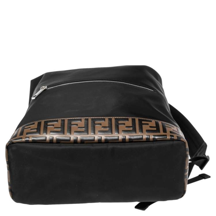 Pre Owned Fendi Black/Tobacco Zucca Leather Trim and Nylon Zaino Santander Backpack