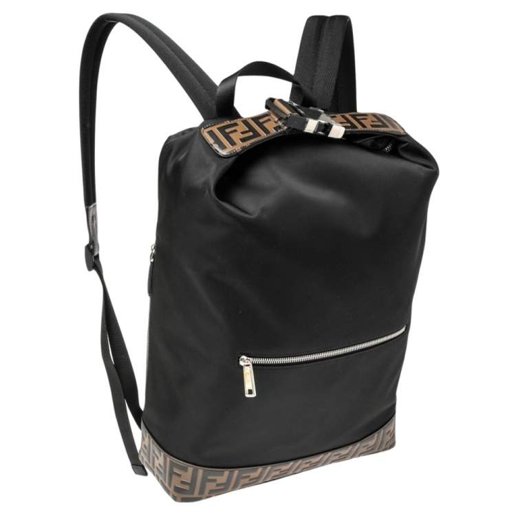 Pre Owned Fendi Black/Tobacco Zucca Leather Trim and Nylon Zaino Santander Backpack