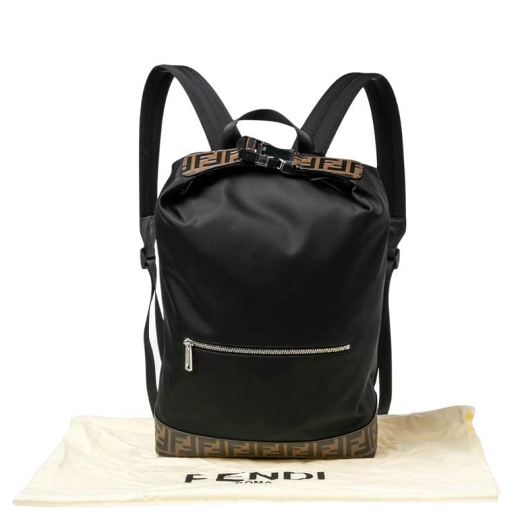 Pre Owned Fendi Black/Tobacco Zucca Leather Trim and Nylon Zaino Santander Backpack