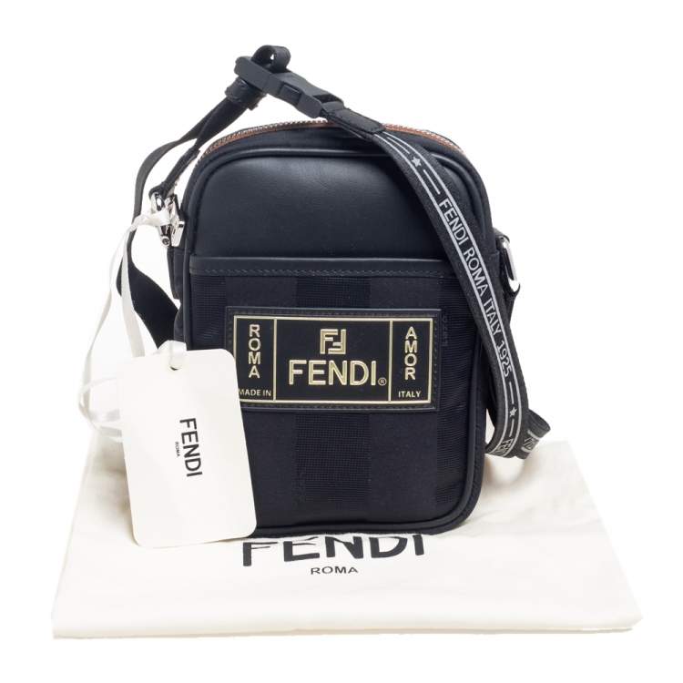 Pre Owned Fendi Black Pequin Nylon Small Logo Patch Messenger Bag