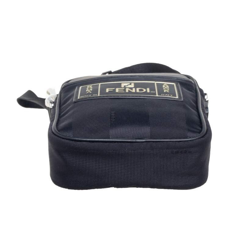 Pre Owned Fendi Black Pequin Nylon Small Logo Patch Messenger Bag