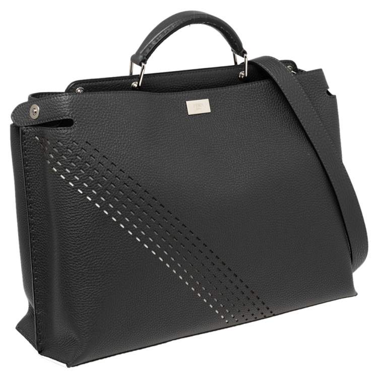 Pre Owned Fendi Grey Leather Peekaboo Iconic Essential Palladium Finish Briefcase