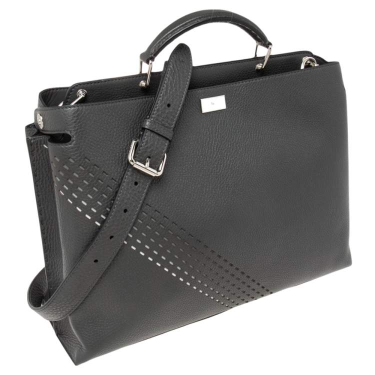 Pre Owned Fendi Grey Leather Peekaboo Iconic Essential Palladium Finish Briefcase
