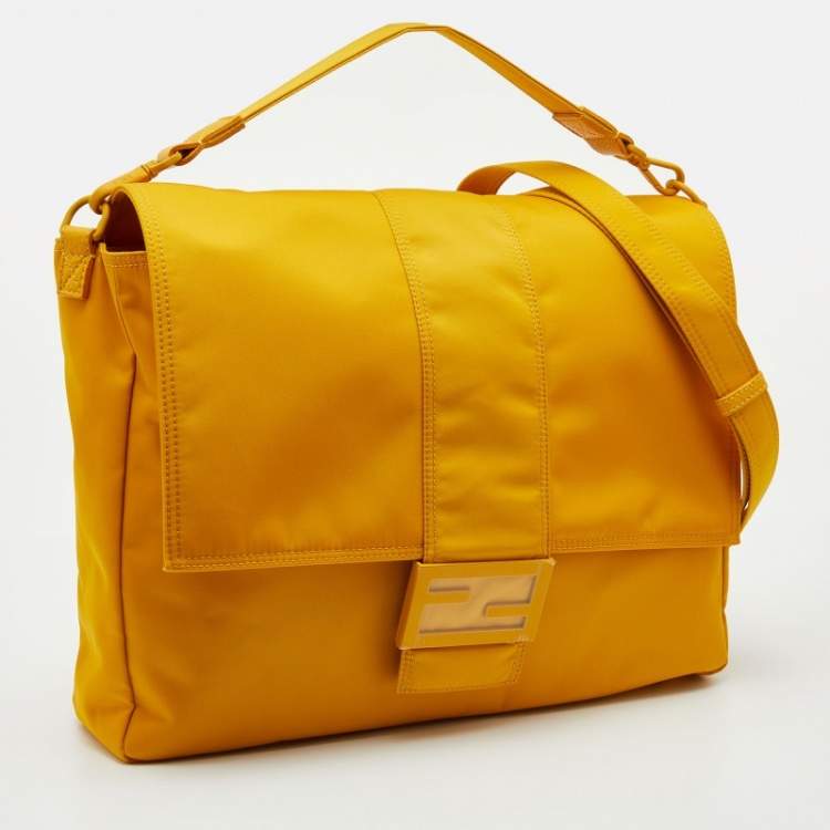Pre Owned Fendi Yellow Nylon and Leather Large Flap Messenger Bag