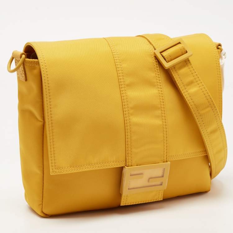 Pre Owned Fendi Yellow Nylon Baguette Messenger Bag