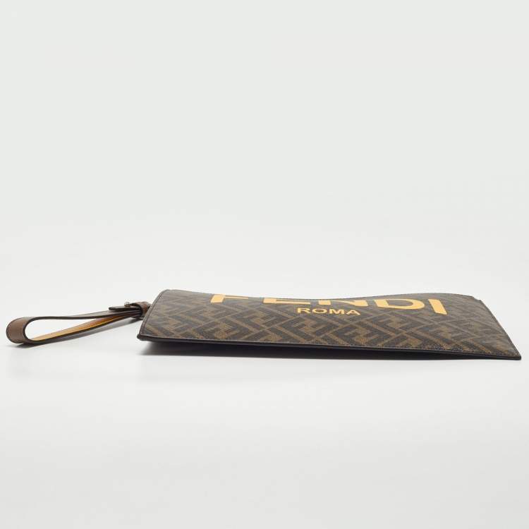 Pre Owned Fendi Tobacco Zucca Coated Canvas FENDI ROMA Flat Wristlet Pouch