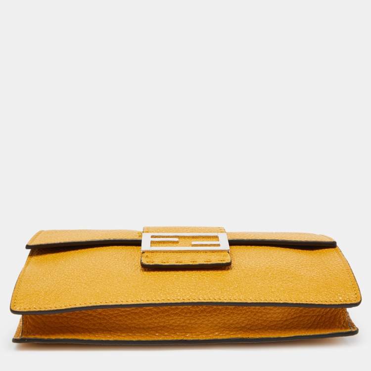 Pre Owned Fendi Yellow Selleria Leather Flat Baguette Messenger Bag
