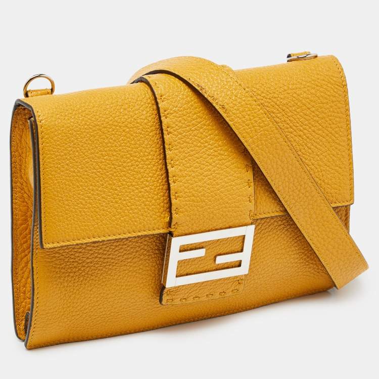 Pre Owned Fendi Yellow Selleria Leather Flat Baguette Messenger Bag