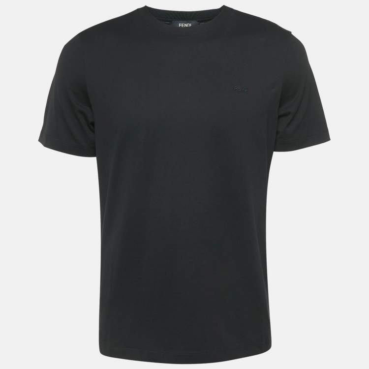 Pre Owned Fendi Black Logo Embroidered Cotton Crew Neck T-Shirt L