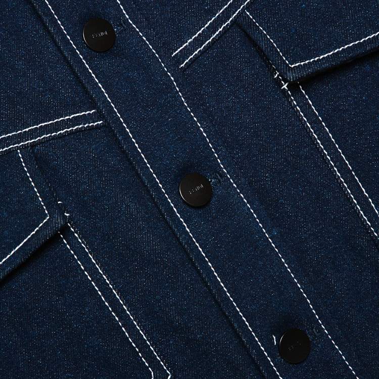 Pre Owned Fendi Navy Blue Denim & Latex Embossed Logo Detail Jacket L