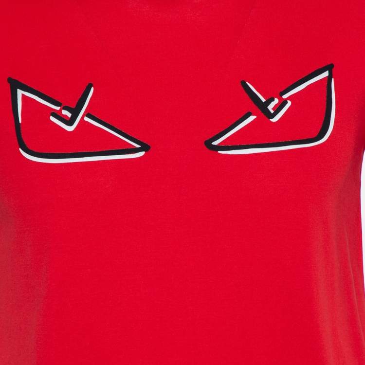 Pre Owned Fendi Red Cotton Laser Cut Monster Eyes Crewneck T-shirt S