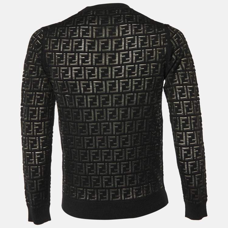 Pre Owned Fendi Black Monogram Wool Sheer Detail Jumper S