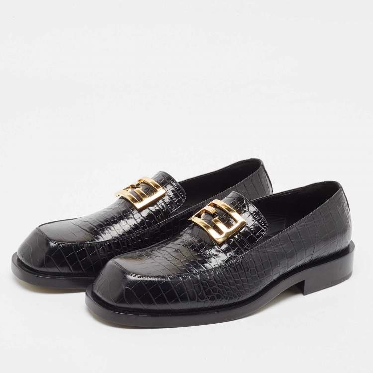 Pre Owned Fendi Black Cro Embossed Leather Ff Baguette-Motif Loafers Size 42