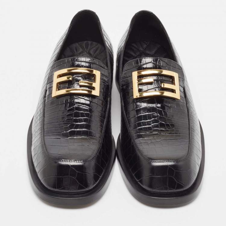 Pre Owned Fendi Black Cro Embossed Leather Ff Baguette-Motif Loafers Size 42
