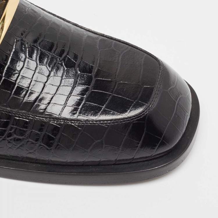 Pre Owned Fendi Black Cro Embossed Leather Ff Baguette-Motif Loafers Size 42