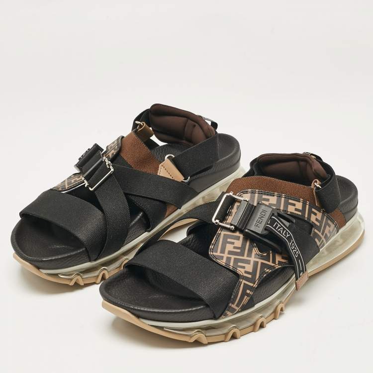 Pre Owned Fendi Brown/Black Zucca Leather and Canvas Flat Sandals Size 43