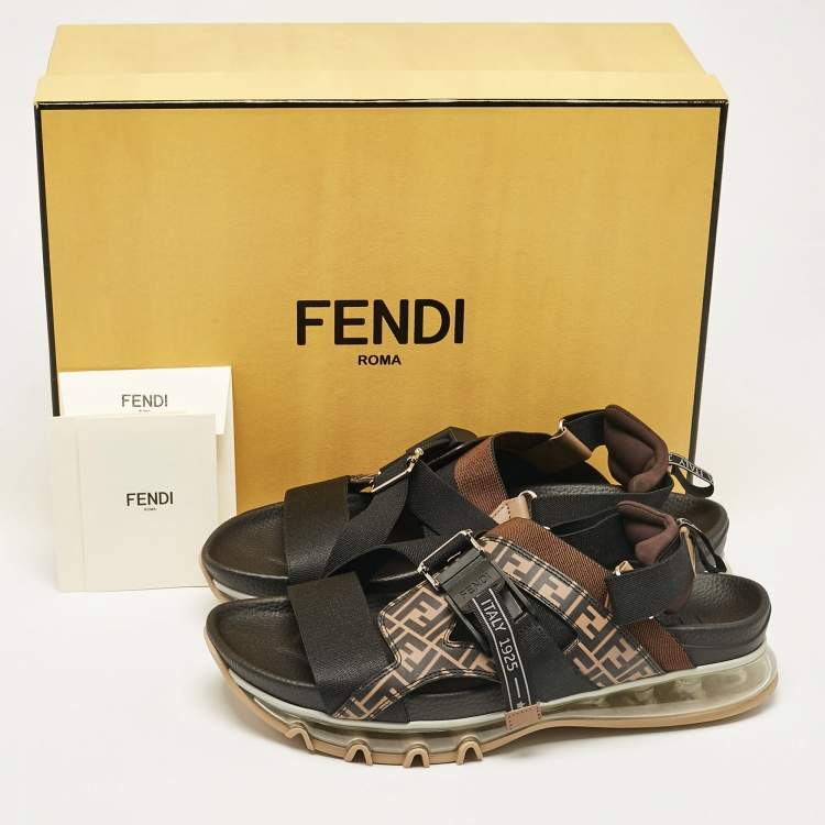 Pre Owned Fendi Brown/Black Zucca Leather and Canvas Flat Sandals Size 43
