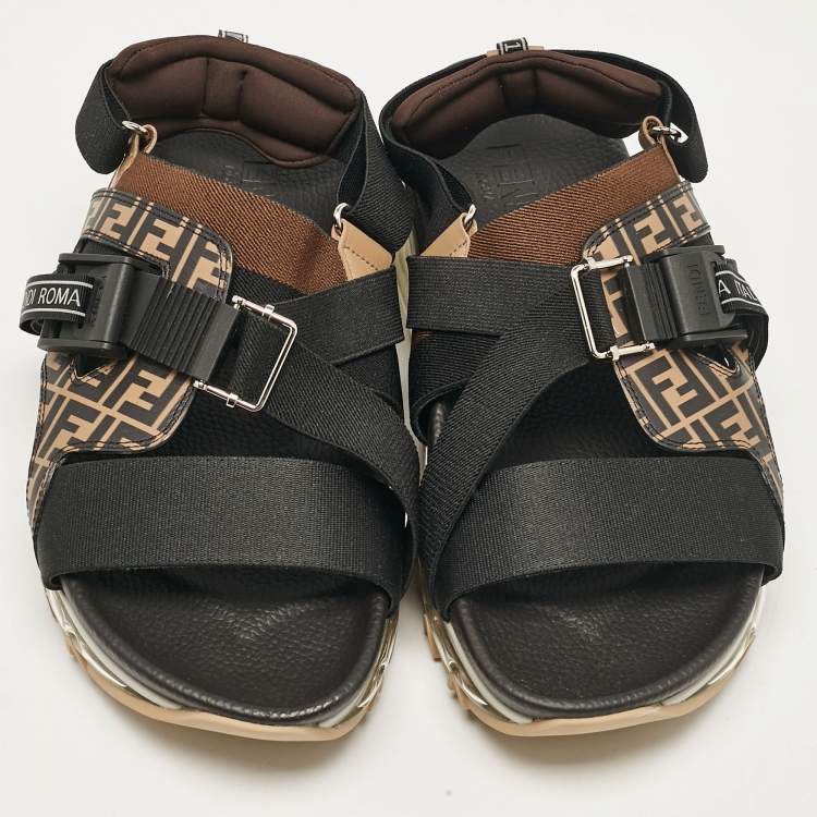Pre Owned Fendi Brown/Black Zucca Leather and Canvas Flat Sandals Size 43