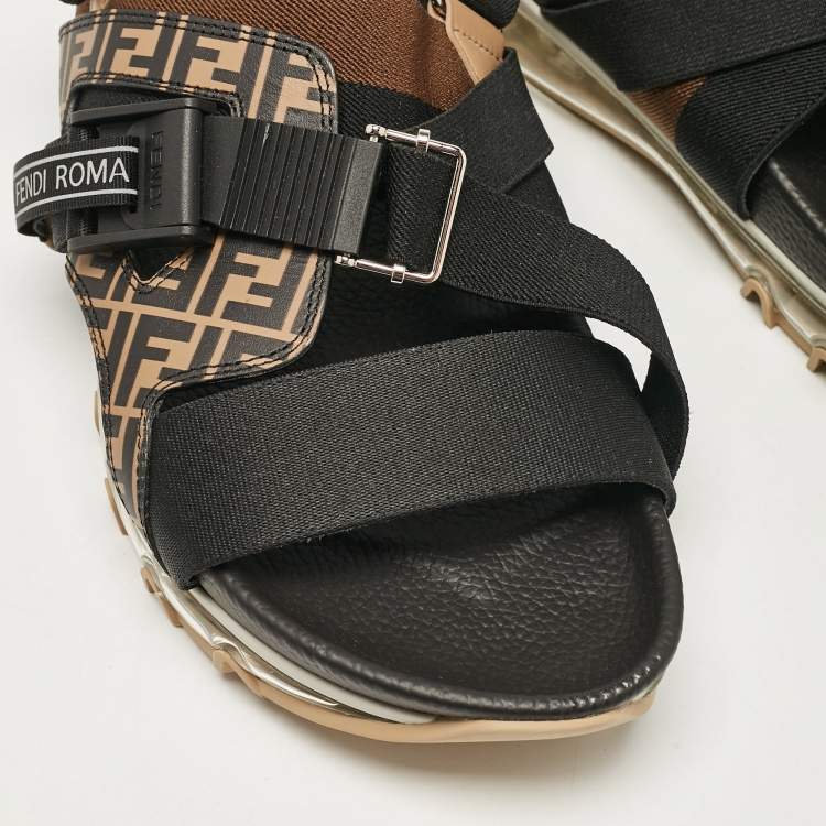 Pre Owned Fendi Brown/Black Zucca Leather and Canvas Flat Sandals Size 43