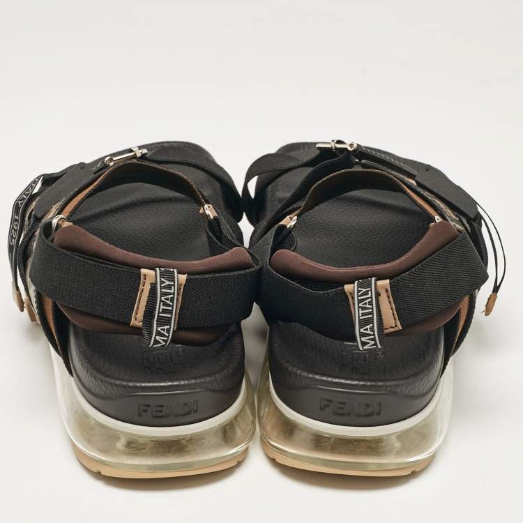 Pre Owned Fendi Brown/Black Zucca Leather and Canvas Flat Sandals Size 43