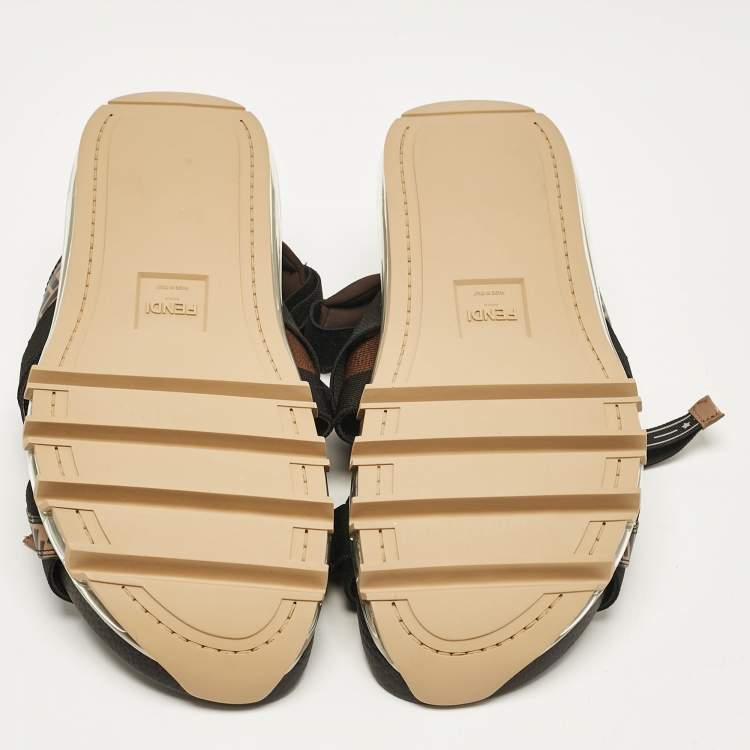 Pre Owned Fendi Brown/Black Zucca Leather and Canvas Flat Sandals Size 43
