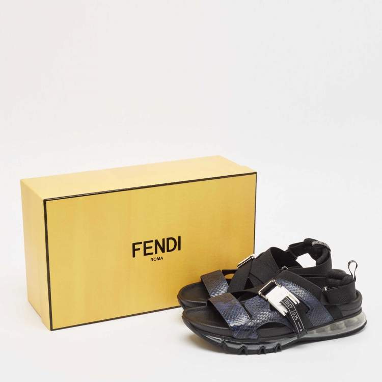Pre Owned Fendi Blue/Black Python and Canvas Flat Sandals Size 43