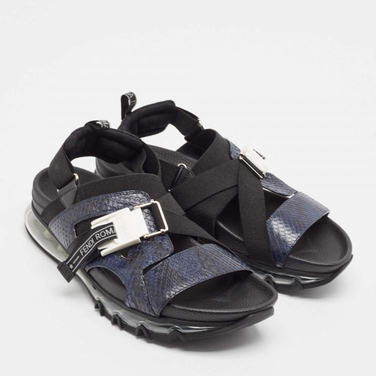 Pre Owned Fendi Blue/Black Python and Canvas Flat Sandals Size 43
